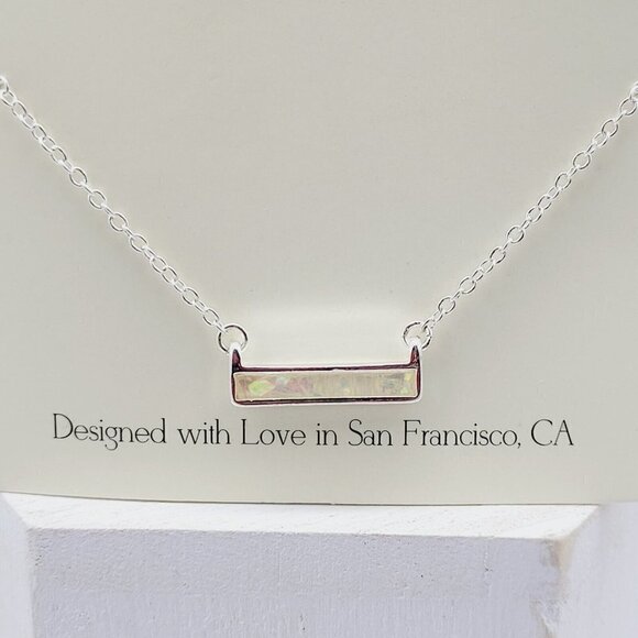 The 2Bandits Athens Iridescent Faux Opal Bar Necklace Silver Tone Minimalist New - Picture 3 of 4